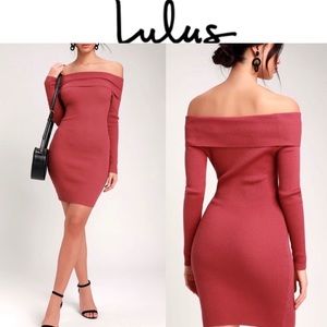 BERRY PINK RIBBED OFF-THE-SHOULDER BODYCON DRESS